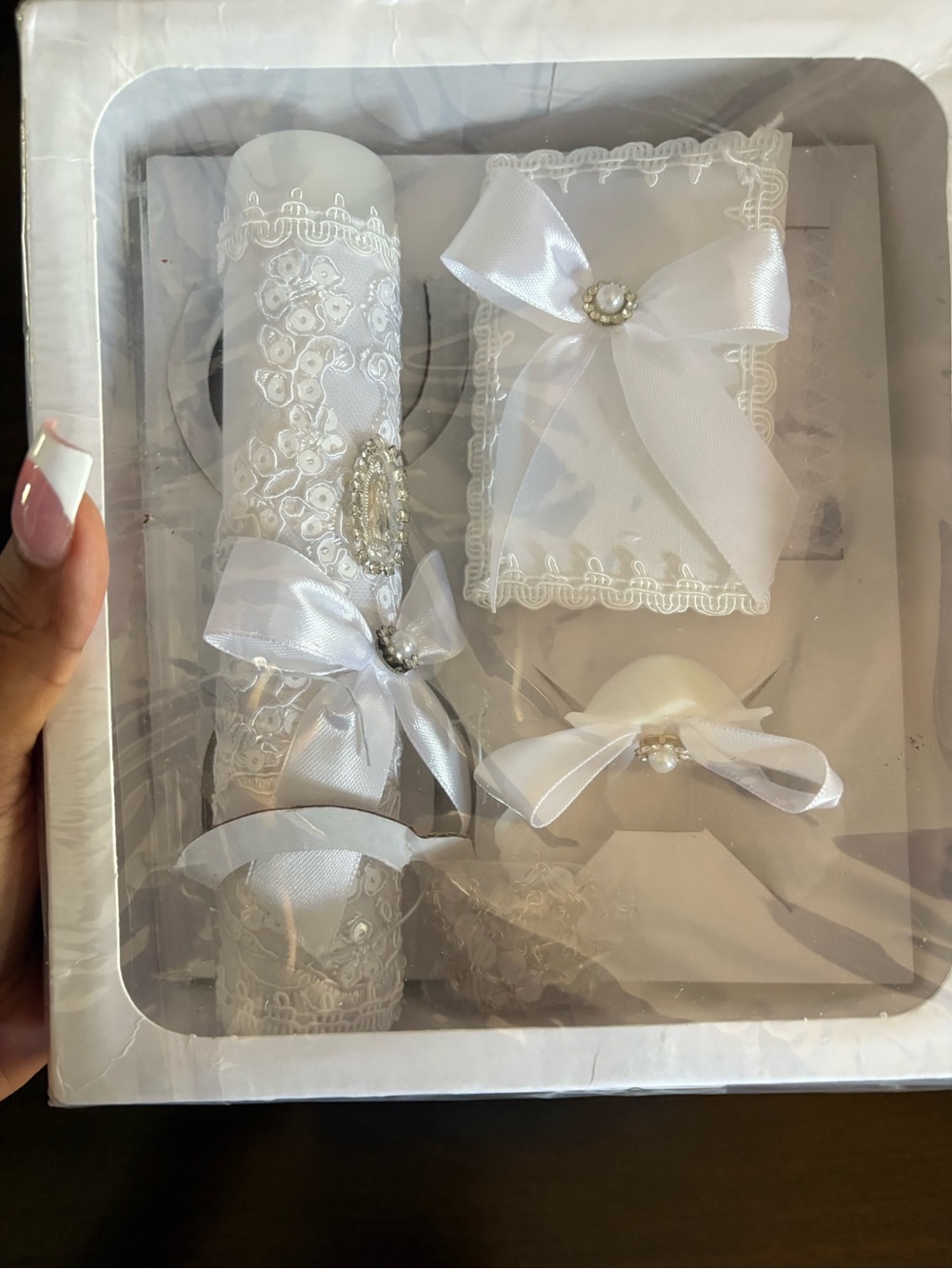 Elegant White Lace baptism Candle and Accessory Set